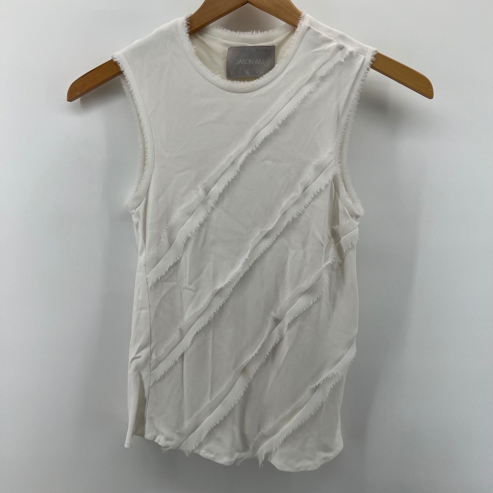 Jason Wu Womens White Raw Edge Fringe Diagonal Trim Sleeveless Top Size 6